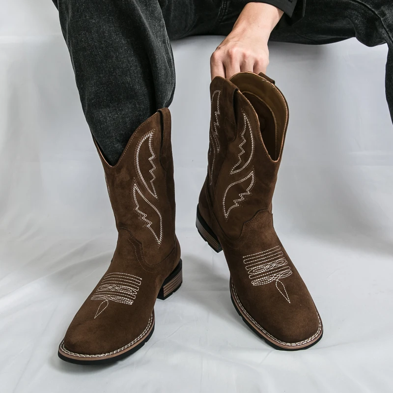 New Mid Calf Western Boots Outdoor Casual Men's Cowboy Boots Fashion Suede Leather Men's Boots Retro Designed Riding Boots - Image 3