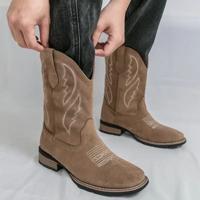 New Mid Calf Western Boots Outdoor Casual Men's Cowboy Boots Fashion Suede Leather Men's Boots Retro Designed Riding Boots