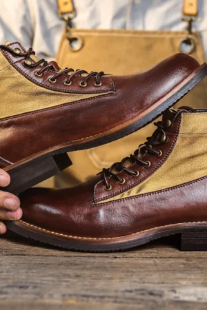 Retro Genuine Leather Ankle Boots for Men Round-toe Lace-up Short Motorcycle Boots Western Cowboy Boots for Men Tooling Shoes